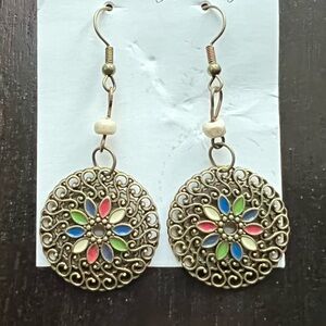 NWT Boho Style Circle Earrings with Flower Mosaic